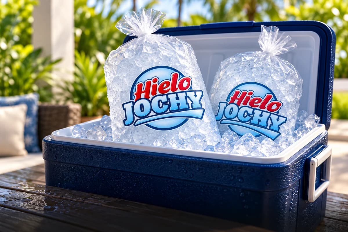 Bolsas de hielo Hielo Jochy en una neverita abierta