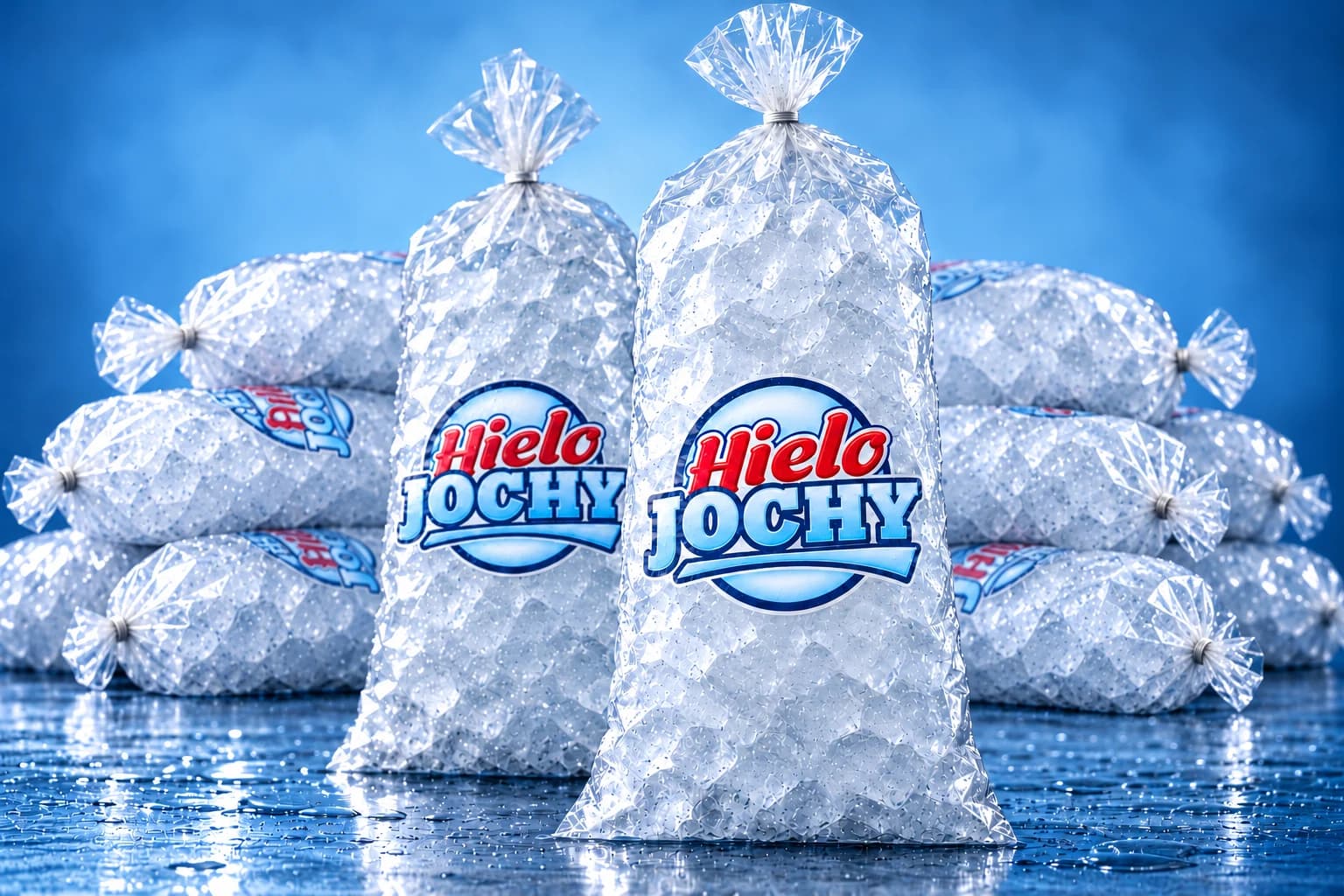 Bolsas de hielo con el logo de Hielo Jochy